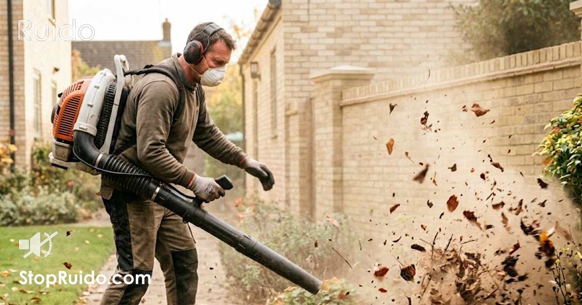 Operario con una ruidosa sopladora de gasolina limpiando de hojas un jardín